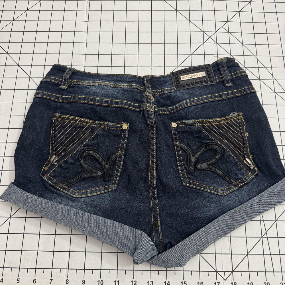 Rocawear Shorts Juniors 7 Blue Denim Cuffed Hot Pants Embroidered Pockets Logo
